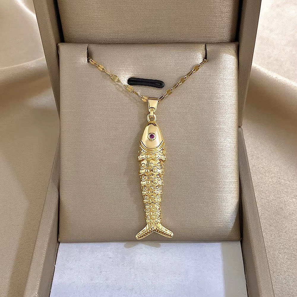 18K Gold Plated Stainless Steel Fish Pendant Necklace for Women Creative Ocean Series Clavicle Choker Chain Jewelry Gifts