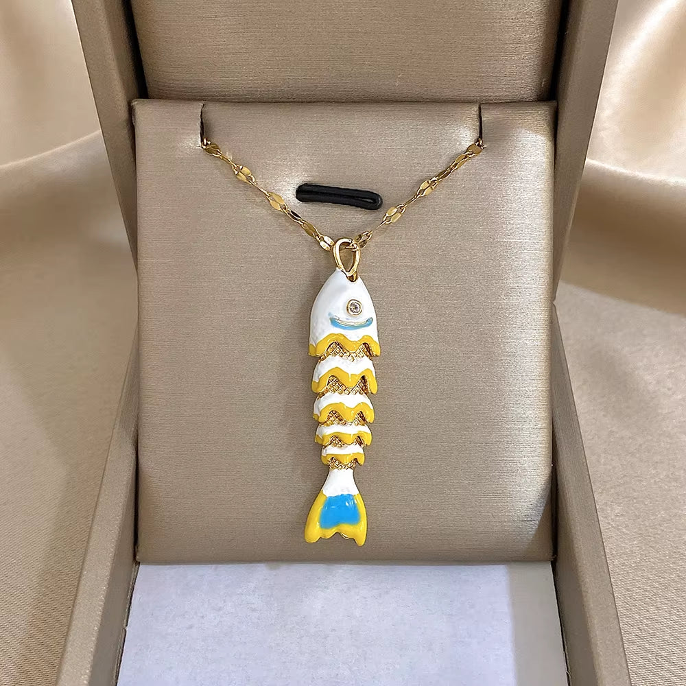 18K Gold Plated Stainless Steel Fish Pendant Necklace for Women Creative Ocean Series Clavicle Choker Chain Jewelry Gifts