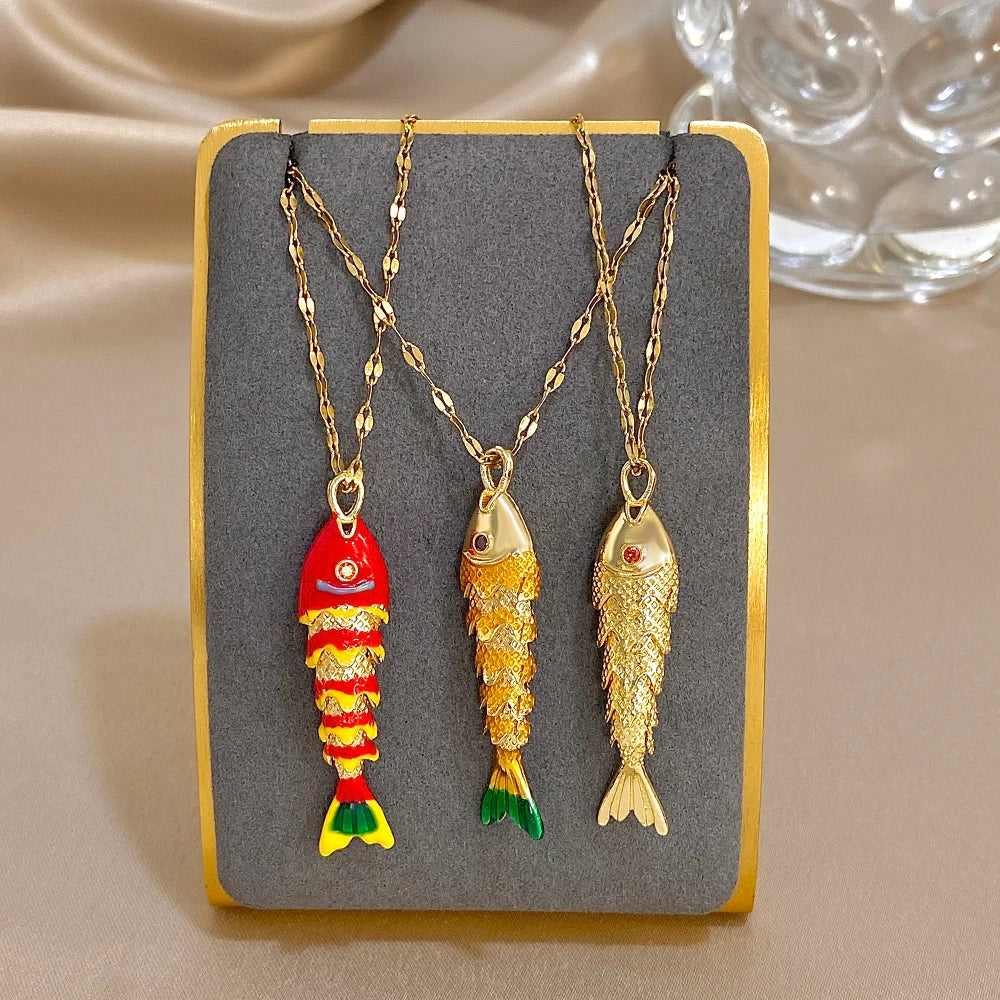 18K Gold Plated Stainless Steel Fish Pendant Necklace for Women Creative Ocean Series Clavicle Choker Chain Jewelry Gifts