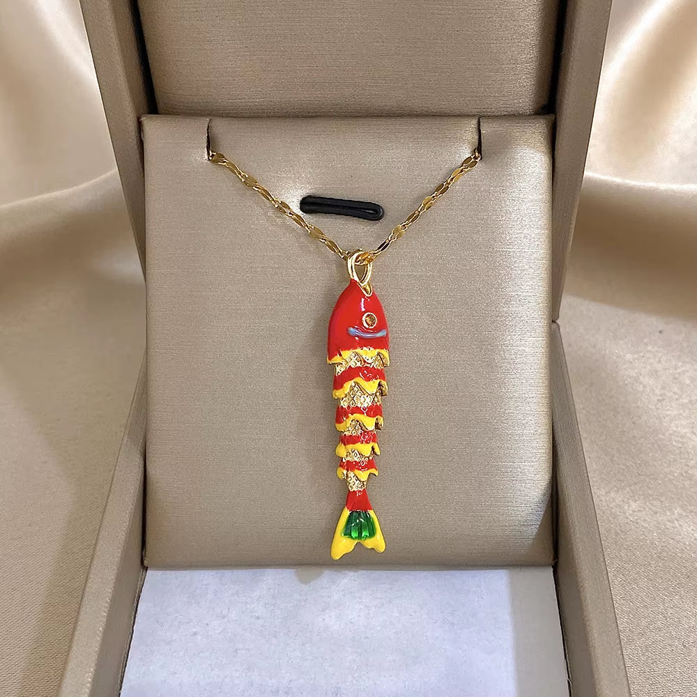 18K Gold Plated Stainless Steel Fish Pendant Necklace for Women Creative Ocean Series Clavicle Choker Chain Jewelry Gifts