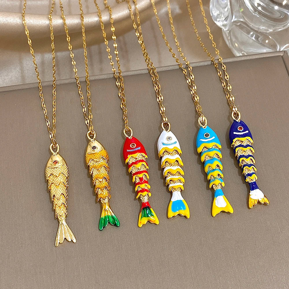 18K Gold Plated Stainless Steel Fish Pendant Necklace for Women Creative Ocean Series Clavicle Choker Chain Jewelry Gifts