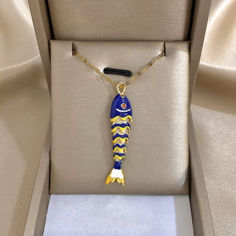 18K Gold Plated Stainless Steel Fish Pendant Necklace for Women Creative Ocean Series Clavicle Choker Chain Jewelry Gifts