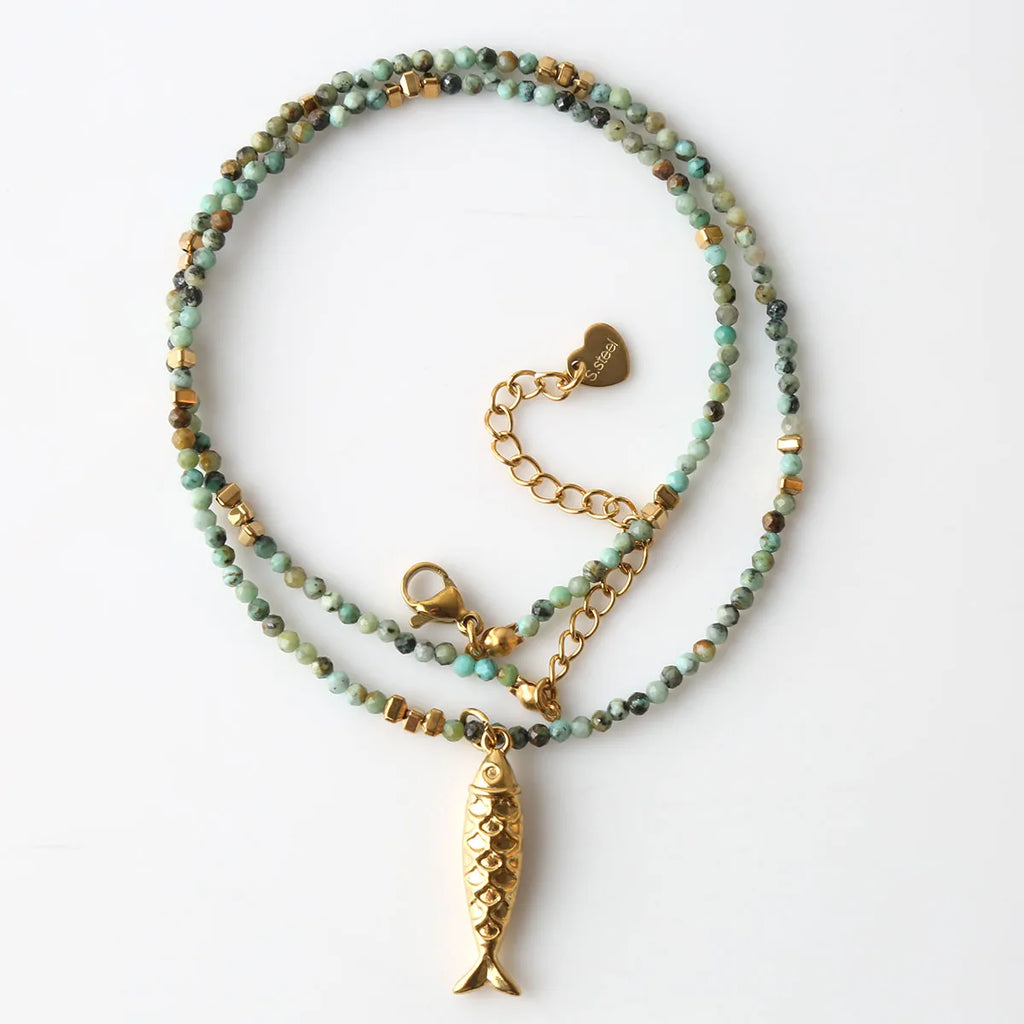 Fashionable and Exquisite Stainless Steel Small Fish Natural African Pine Bead Necklace Light Luxury Niche High-End Feeling