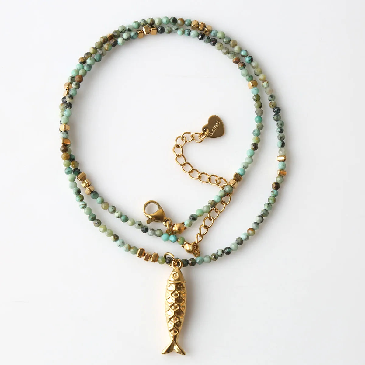Fashionable and Exquisite Stainless Steel Small Fish Natural African Pine Bead Necklace Light Luxury Niche High-End Feeling
