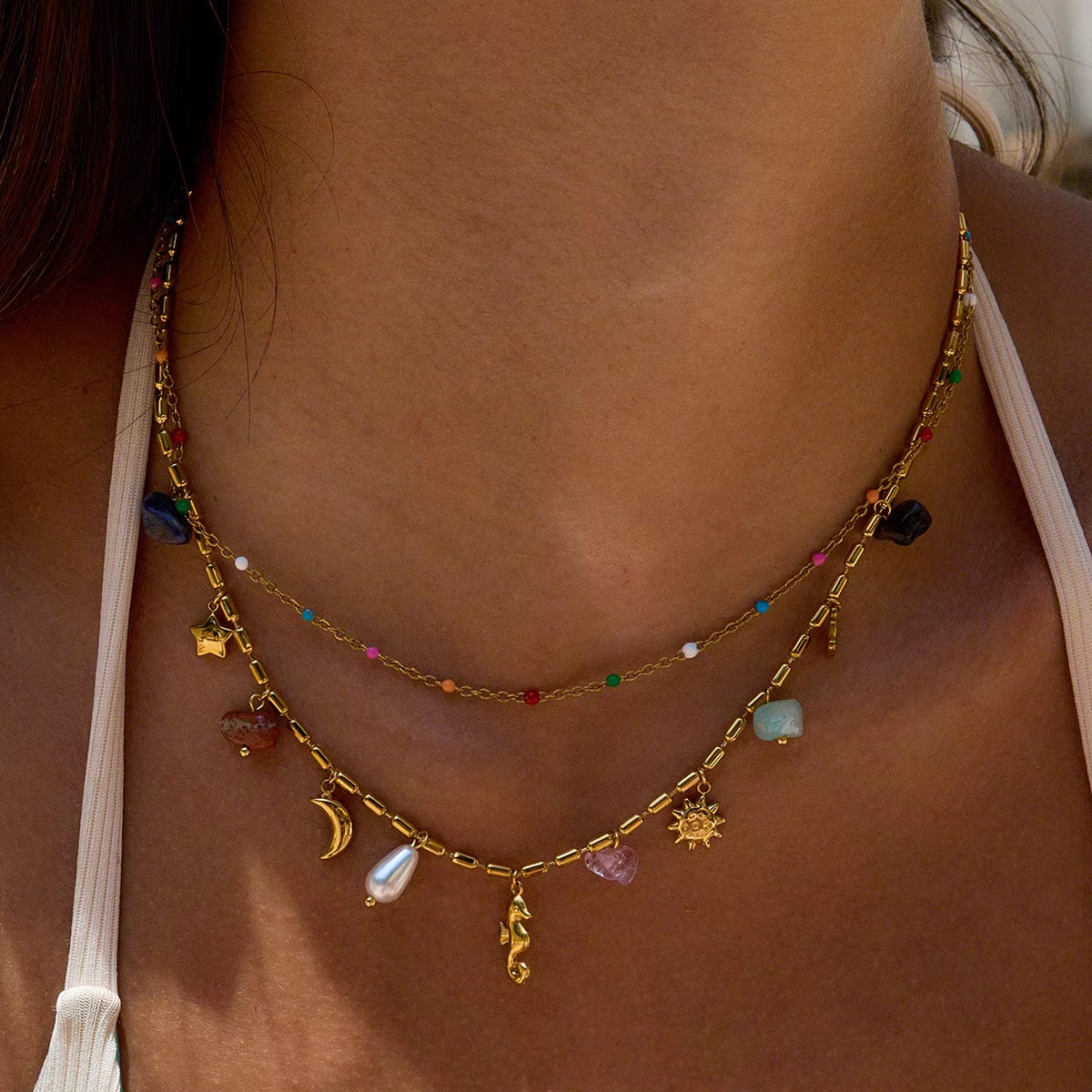 Uworld Fashion Vacation Style 18K Gold Color Plated Stainless Steel Natural Color Stone Pendant Necklace Stackable Double Layer