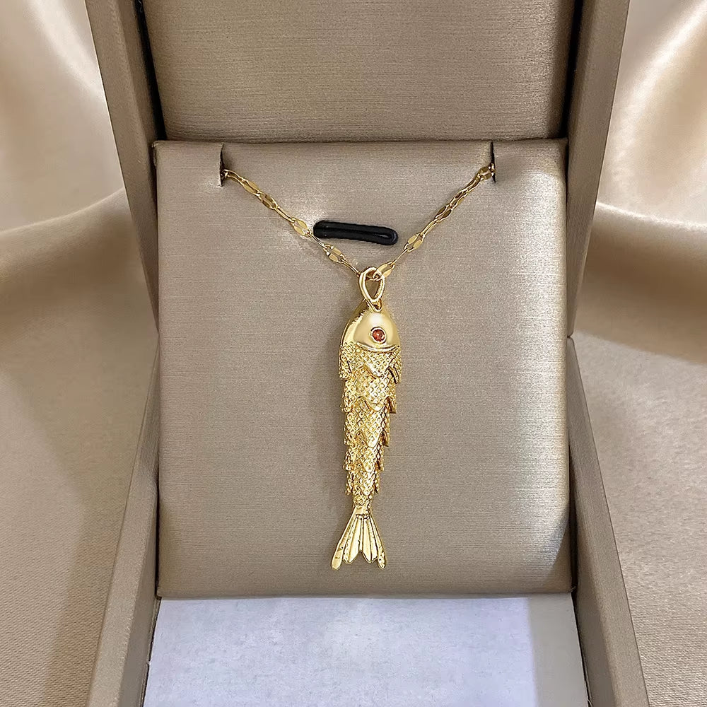 18K Gold Plated Stainless Steel Fish Pendant Necklace for Women Creative Ocean Series Clavicle Choker Chain Jewelry Gifts