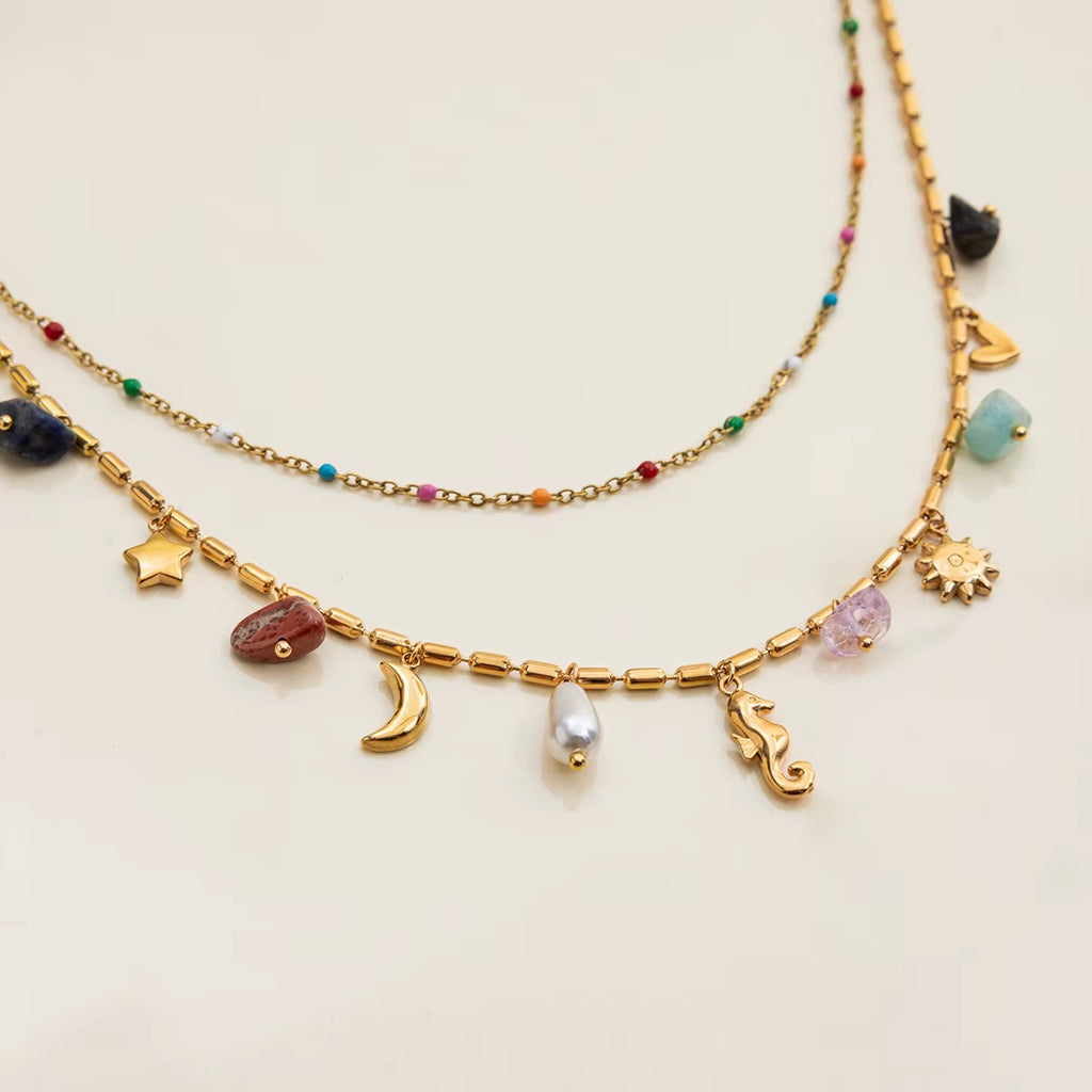 Uworld Fashion Vacation Style 18K Gold Color Plated Stainless Steel Natural Color Stone Pendant Necklace Stackable Double Layer