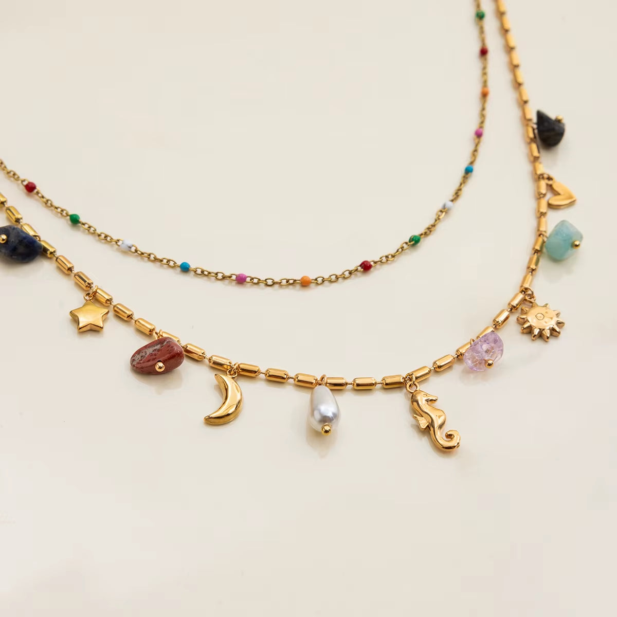 Uworld Fashion Vacation Style 18K Gold Color Plated Stainless Steel Natural Color Stone Pendant Necklace Stackable Double Layer