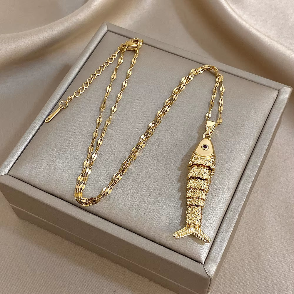 18K Gold Plated Stainless Steel Fish Pendant Necklace for Women Creative Ocean Series Clavicle Choker Chain Jewelry Gifts