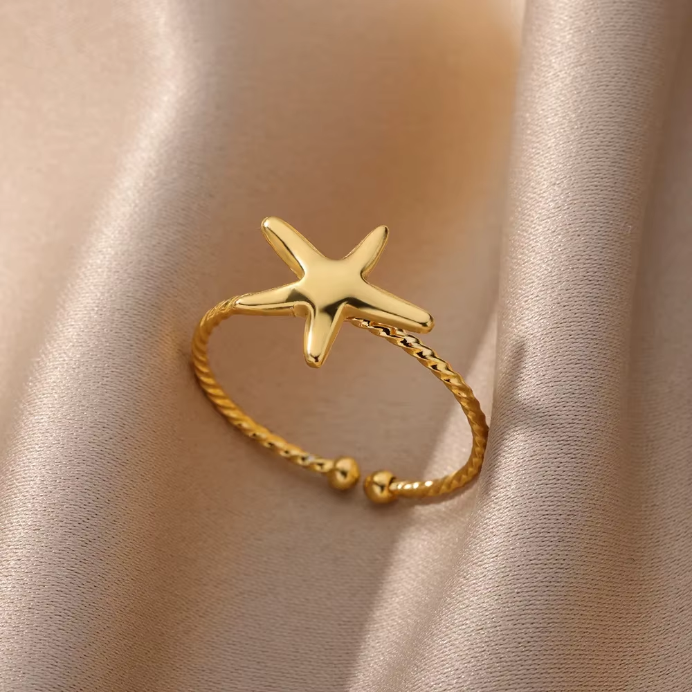 Ocean Starfish Shell Open Rings for Women Gold Color Stainless Steel Ring Summer Beach Aesthetic Waterproof Jewelry Gift