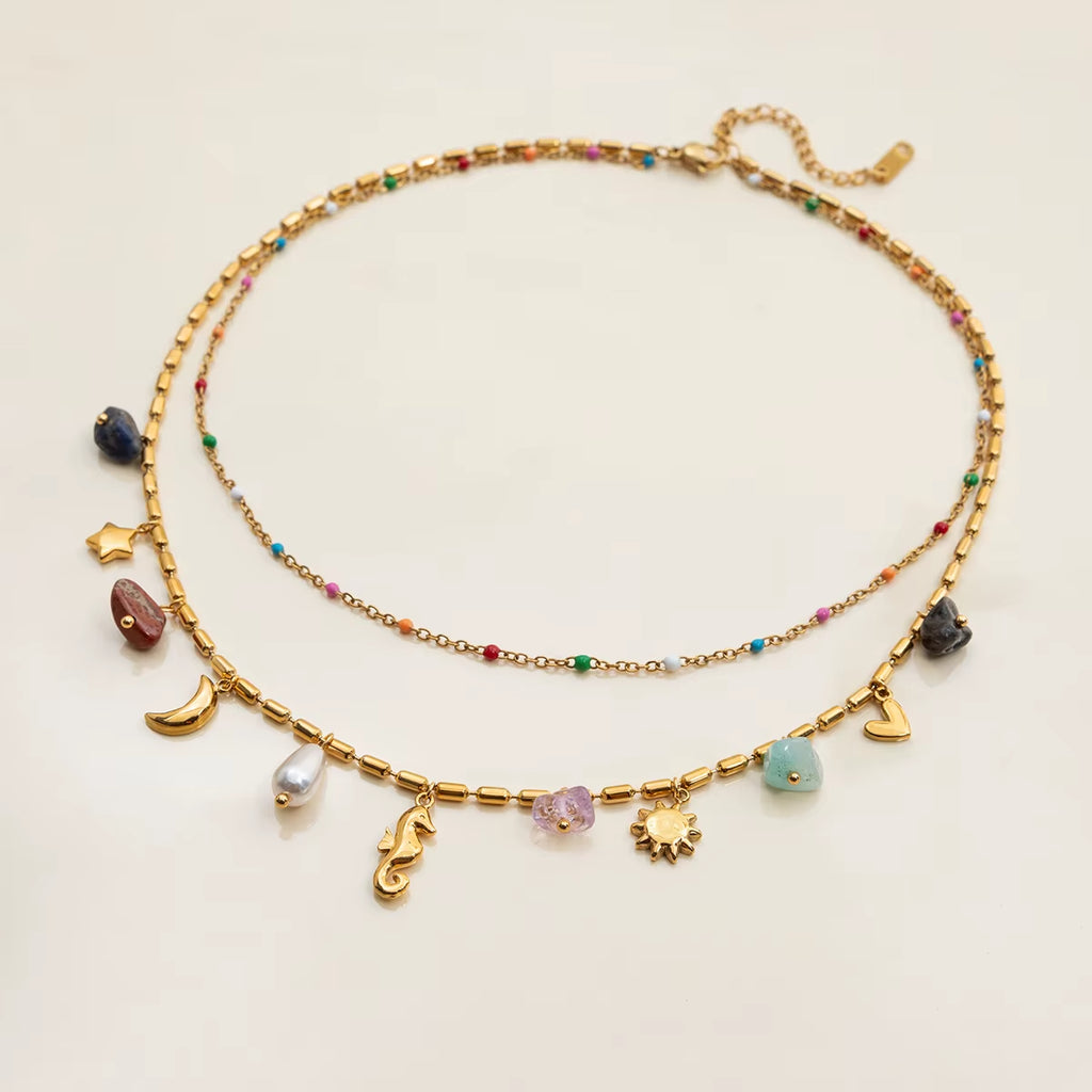 Uworld Fashion Vacation Style 18K Gold Color Plated Stainless Steel Natural Color Stone Pendant Necklace Stackable Double Layer