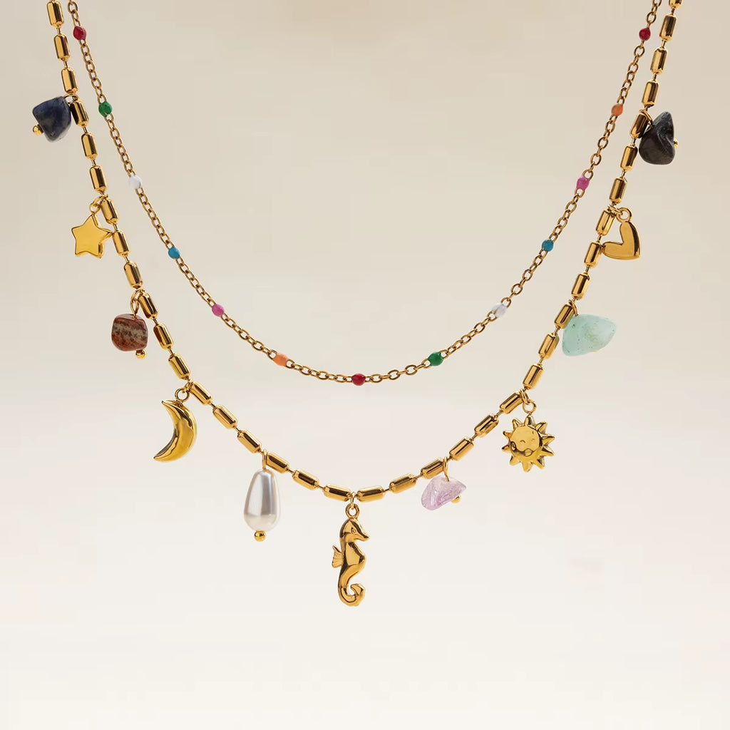 Uworld Fashion Vacation Style 18K Gold Color Plated Stainless Steel Natural Color Stone Pendant Necklace Stackable Double Layer