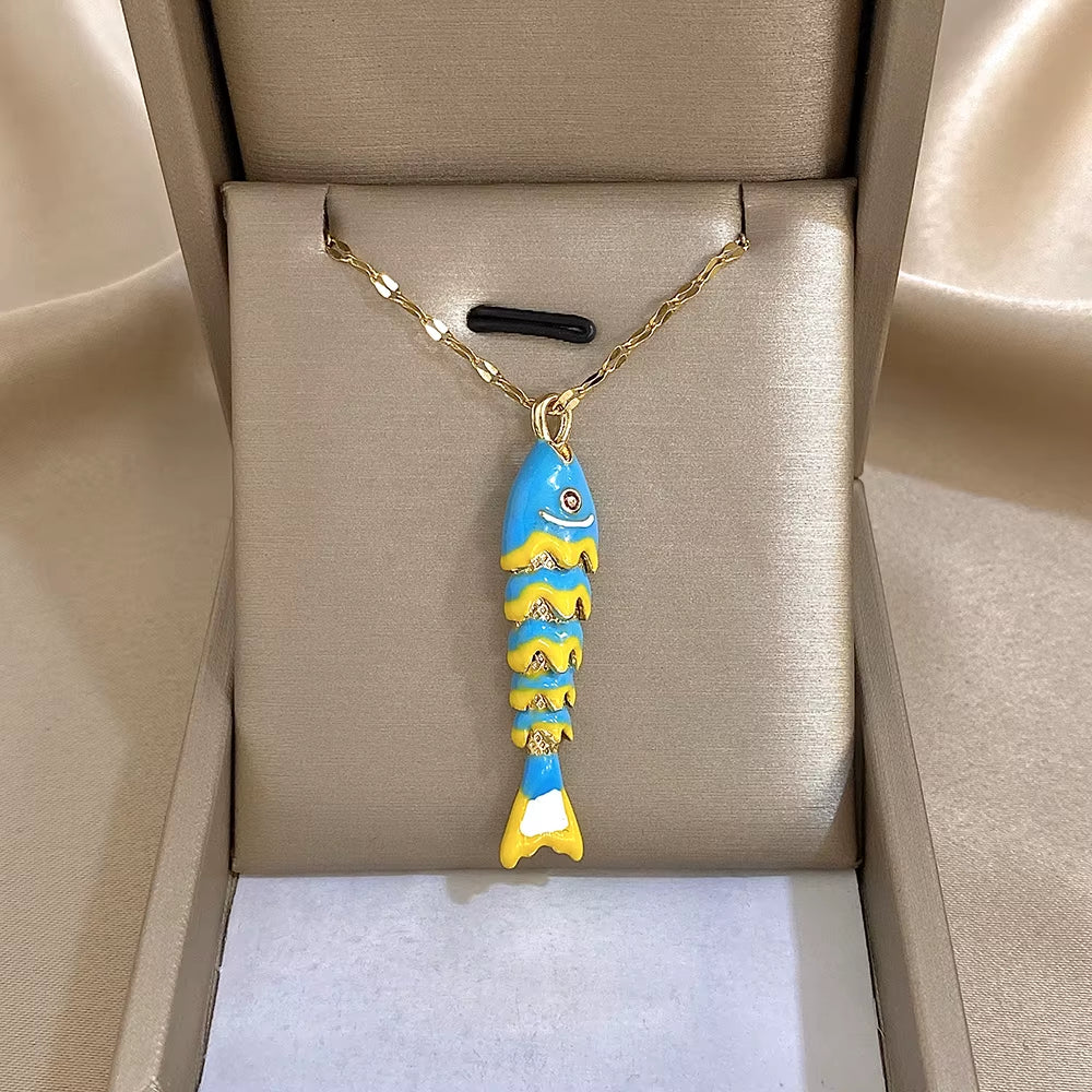 18K Gold Plated Stainless Steel Fish Pendant Necklace for Women Creative Ocean Series Clavicle Choker Chain Jewelry Gifts