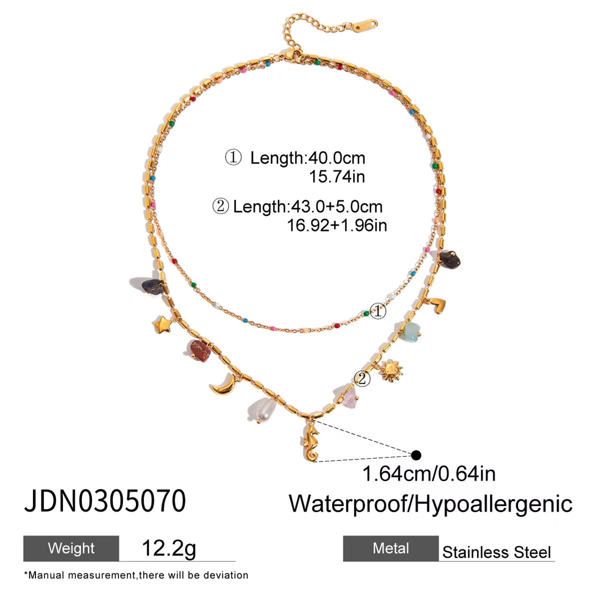 Uworld Fashion Vacation Style 18K Gold Color Plated Stainless Steel Natural Color Stone Pendant Necklace Stackable Double Layer