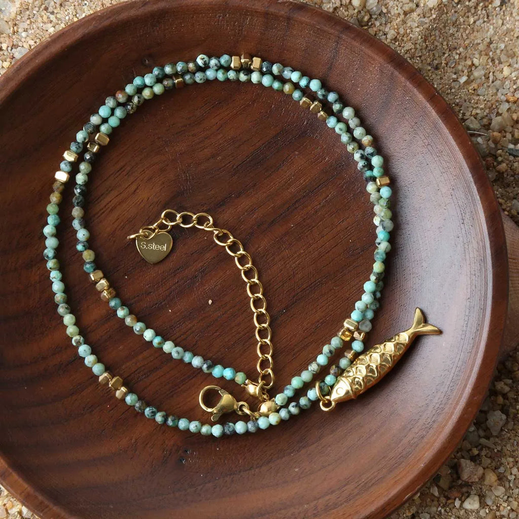 Fashionable and Exquisite Stainless Steel Small Fish Natural African Pine Bead Necklace Light Luxury Niche High-End Feeling