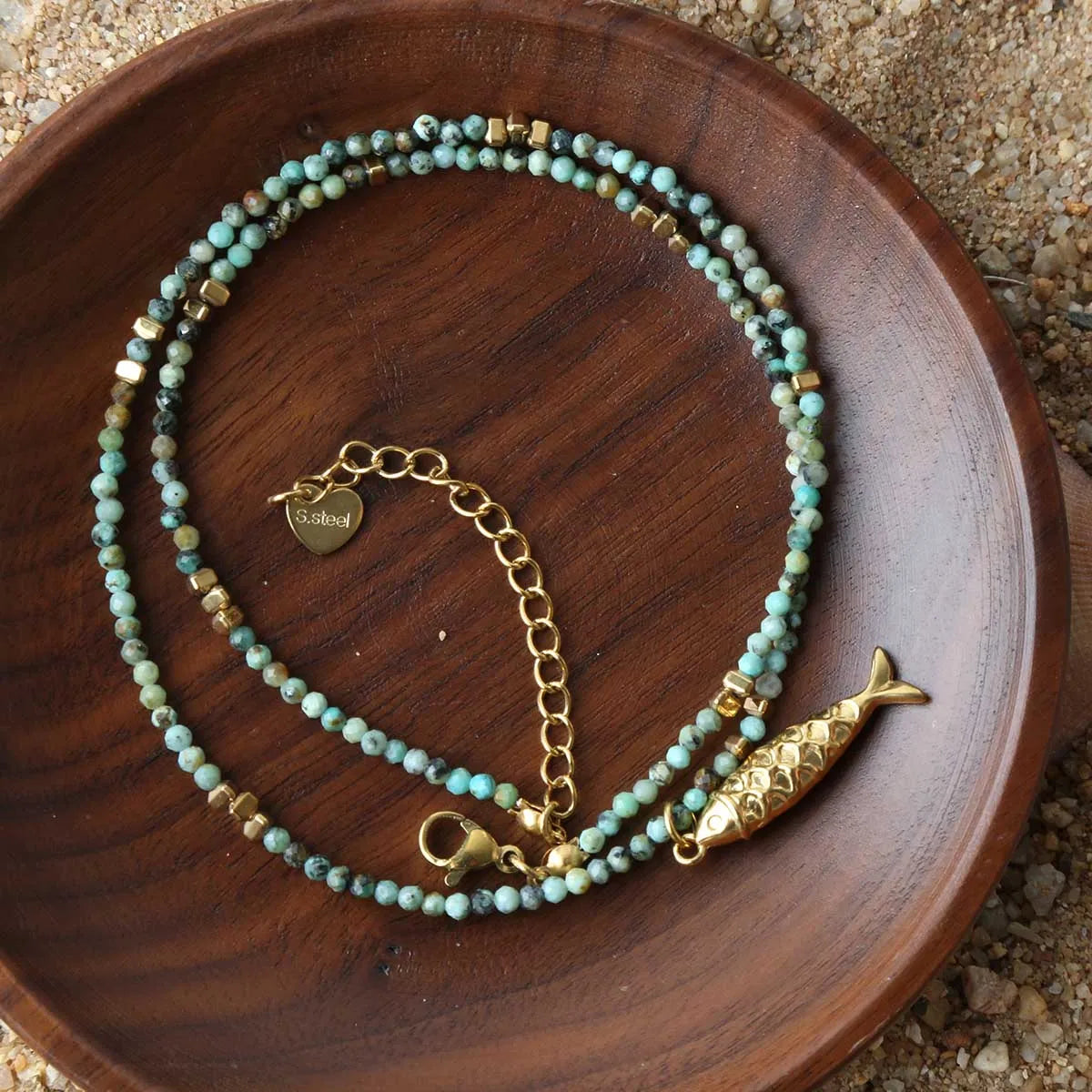 Fashionable and Exquisite Stainless Steel Small Fish Natural African Pine Bead Necklace Light Luxury Niche High-End Feeling