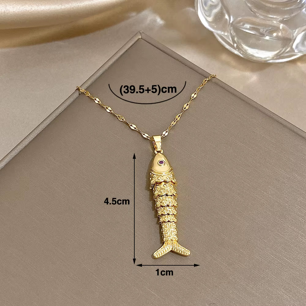 18K Gold Plated Stainless Steel Fish Pendant Necklace for Women Creative Ocean Series Clavicle Choker Chain Jewelry Gifts